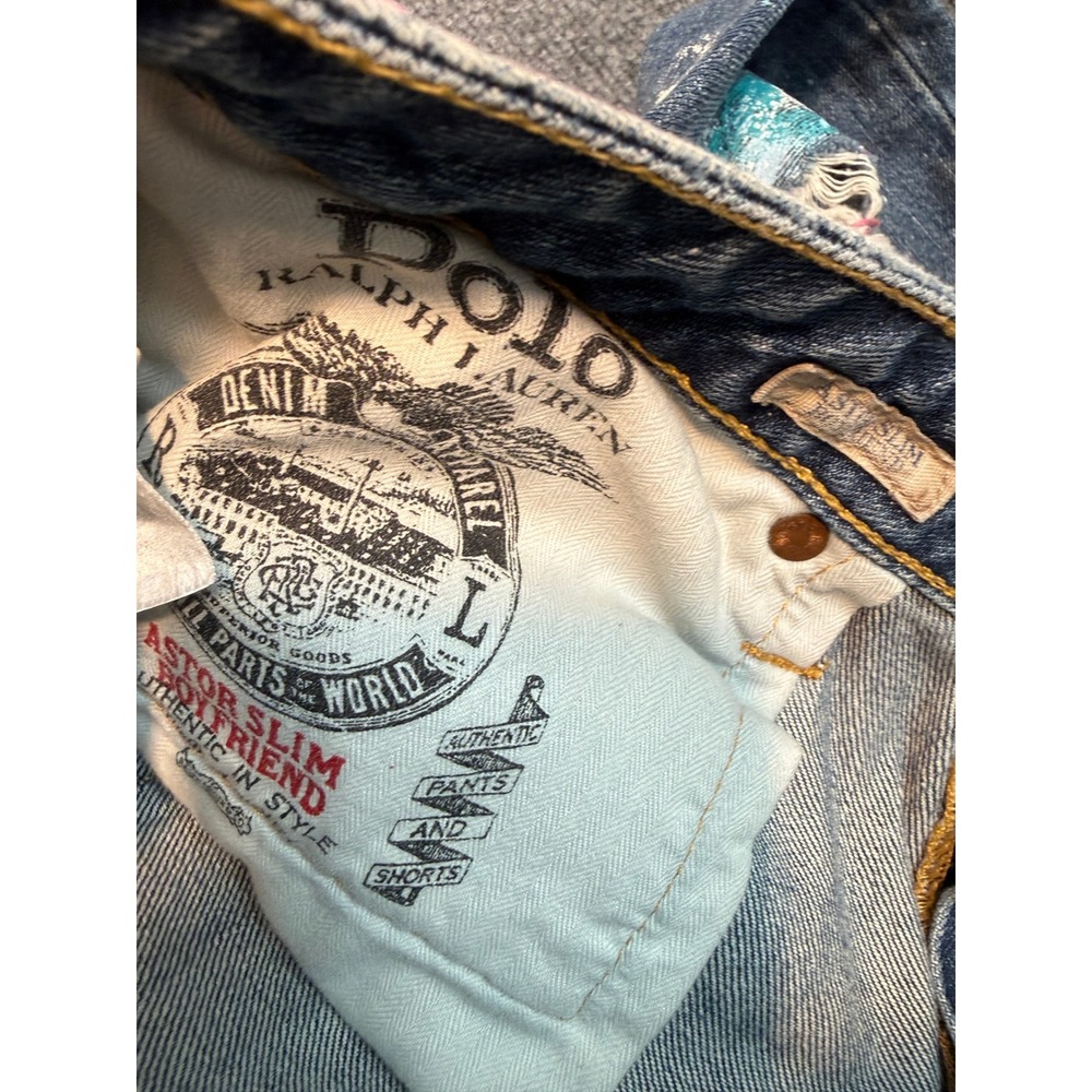Polo Ralph Lauren Astor Boyfriend Slim Distressed Paint Splatter Jeans 30 Blue - Picture 10 of 11